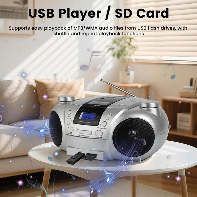 Alt view image 4 of 7 - Portable CD/DVD Player Boombox, Battery Operated (EU AC Plug Not Functional), AM/FM Radio, Backlit LCD Display,Headphone Jack, Compatible with CD-R/CD-RW/MP3 (Silver)