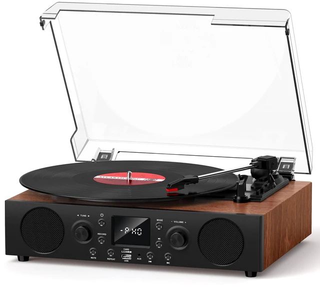 Main image of Vinyl Record Player with Built-in Speaker,Bluetooth Turntable with USB Recording, 3 Speed Vintage Record Player with Bluetooth Receiving, FM Radio, RCA Out & AXU-in, Vinyl Player Solid Walnut