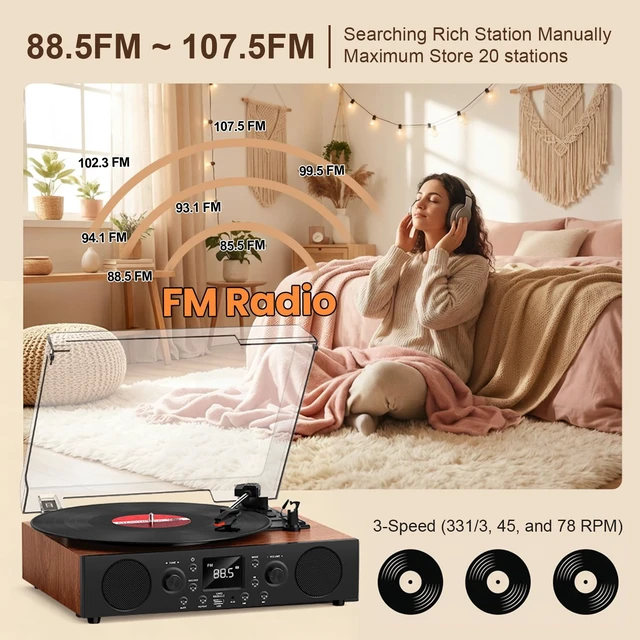 Alt view image 4 of 7 - Vinyl Record Player with Built-in Speaker,Bluetooth Turntable with USB Recording, 3 Speed Vintage Record Player with Bluetooth Receiving, FM Radio, RCA Out & AXU-in, Vinyl Player Solid Walnut