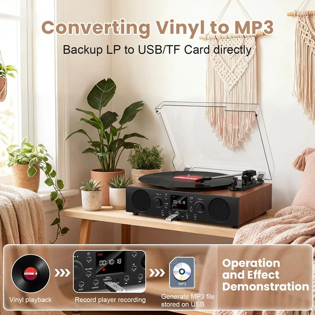 Alt view image 3 of 7 - Vinyl Record Player with Built-in Speaker,Bluetooth Turntable with USB Recording, 3 Speed Vintage Record Player with Bluetooth Receiving, FM Radio, RCA Out & AXU-in, Vinyl Player Solid Walnut