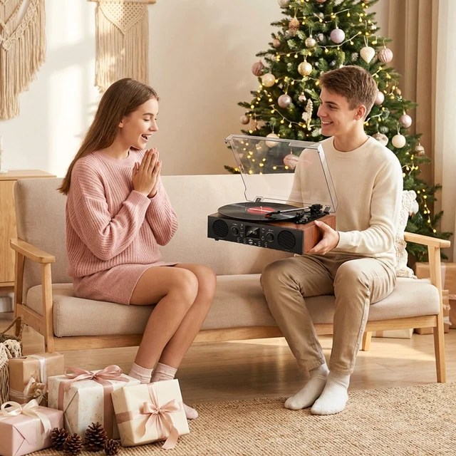 Alt view image 6 of 7 - Vinyl Record Player with Built-in Speaker,Bluetooth Turntable with USB Recording, 3 Speed Vintage Record Player with Bluetooth Receiving, FM Radio, RCA Out & AXU-in, Vinyl Player Solid Walnut