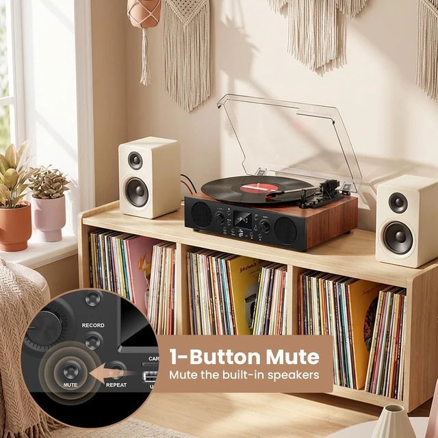 Alt view image 5 of 7 - Vinyl Record Player with Built-in Speaker,Bluetooth Turntable with USB Recording, 3 Speed Vintage Record Player with Bluetooth Receiving, FM Radio, RCA Out & AXU-in, Vinyl Player Solid Walnut