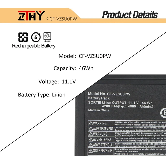 Alt view image 3 of 7 - CF-VZSU0PW Battery Replacement for Panasonic Toughbook CF-54 MK1 MK2 MK3 54 Gloved Multi Touch 54 Performance 54 Prime 54 Lite CF-VZSU0PR CF-VZSU0PJS CF-VZSU0LW CF-VZSU0KR Battery 11.1V 46Wh 4200mAh