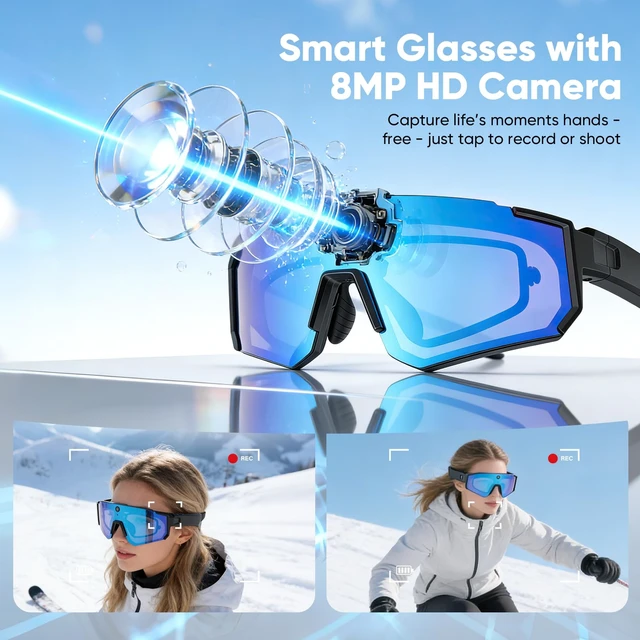 Alt view image 3 of 7 - Smart Glasses with Camera, 8MP Center POV Camera, 1200P Video ChatGPT AI Assistant, Voice Translation, Object Recognition, Video Recording, EIS, IP54 Sunglasses for Cycling Baseball