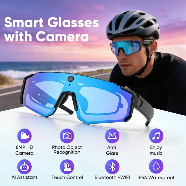 Alt view image 7 of 7 - Smart Glasses with Camera, 8MP Center POV Camera, 1200P Video ChatGPT AI Assistant, Voice Translation, Object Recognition, Video Recording, EIS, IP54 Sunglasses for Cycling Baseball