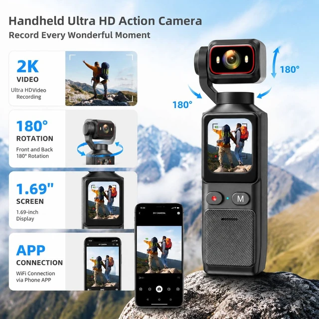 Alt view image 2 of 7 - 2K HD Pocket Vlogging POV Camera, 32GB,180° Rotatable Lens,WiFi Control,Timelapse,150° Wide Angle,for Outdoor Cycling Travel Vlog Selfies Sports Daily