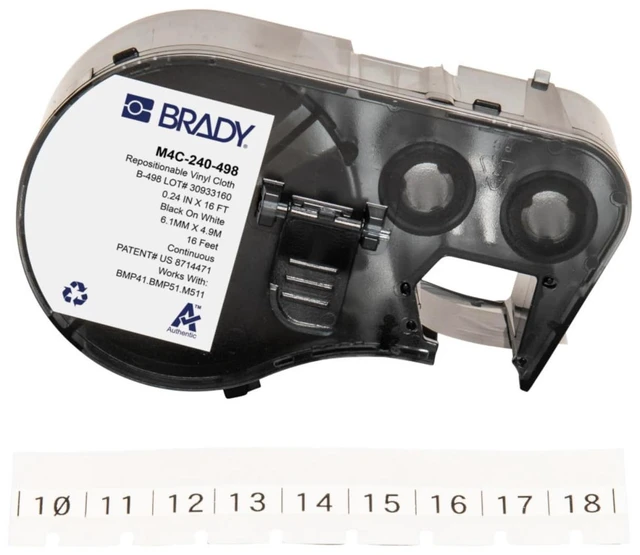 Main image of Authentic (M4C-240-498) Repositionable Multi-Purpose Vinyl Cloth Labels 0.24" W x 16' L Black on White. for use with The BMP41, BMP51, and M511 Label Printers