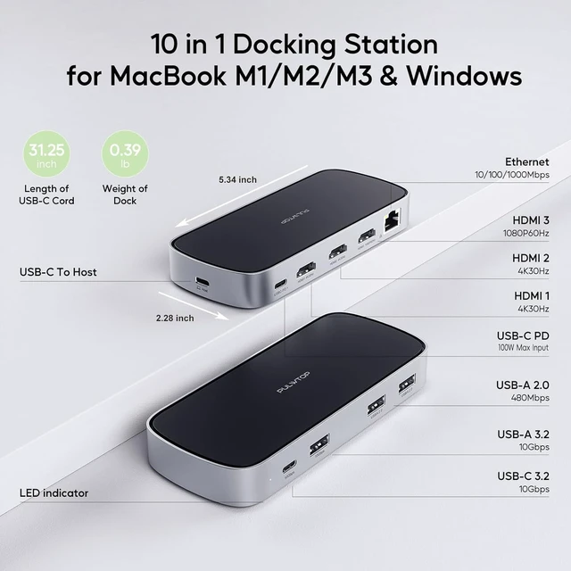 Alt view image 2 of 6 - 3 HDMI Triple USB C Docking Station Dual 4K Display for MacBook M1-M5 & Win Laptop Docking Station Universal USB C Dock with Power Adapter, PD, 10Gbps USBC/A Data,2 USB-A 2.0, Ethernet