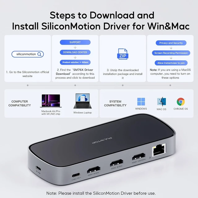 Alt view image 6 of 6 - 3 HDMI Triple USB C Docking Station Dual 4K Display for MacBook M1-M5 & Win Laptop Docking Station Universal USB C Dock with Power Adapter, PD, 10Gbps USBC/A Data,2 USB-A 2.0, Ethernet