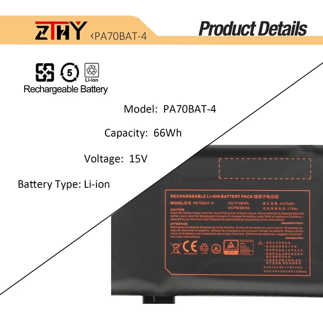 Alt view image 3 of 7 - 66Wh PA70BAT-4 Battery Replacement for Clevo PA70HS PA71HP6 PA71HS PA71ES PA70HS-G PA71HP6-G Schenker Technologies XMG Pro 17 WOOKING S17 Pro-8U Hasee KINGBOOK G97E Powerspec 1710 Sager NP8370 NP8375