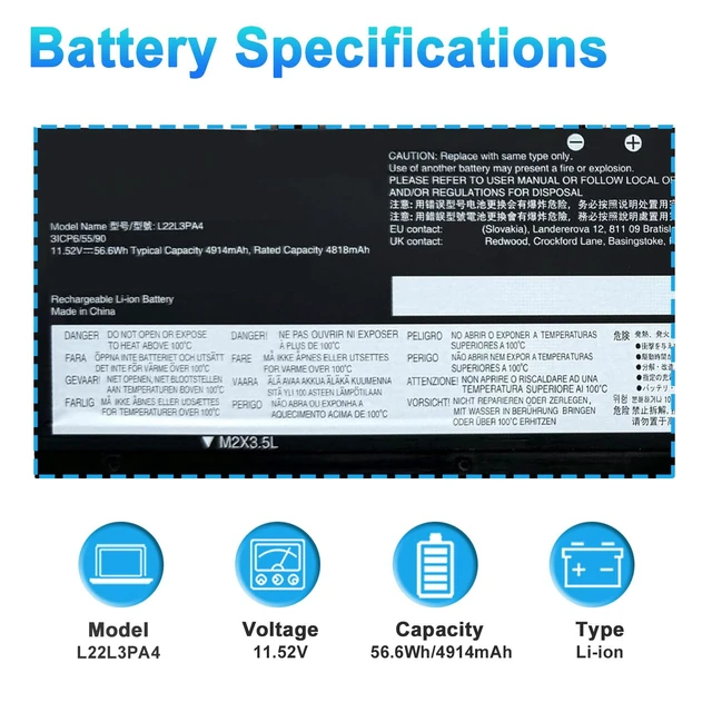 Alt view image 2 of 7 - L22L3PA4 L22C3PA4 Laptop Battery for Lenovo IdeaPad Slim 5-14ABR8 82XE 514IRL8 82XD 514IAH8 83BF 516ABR8 82XG 516IRL8 82XF 516IAH8 83BG Series L22B3PA4 L22M3PA4 5B11K39352 SB11K39364 56.6Wh