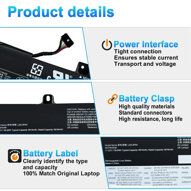Alt view image 3 of 7 - L22L3PA4 L22C3PA4 Laptop Battery for Lenovo IdeaPad Slim 5-14ABR8 82XE 514IRL8 82XD 514IAH8 83BF 516ABR8 82XG 516IRL8 82XF 516IAH8 83BG Series L22B3PA4 L22M3PA4 5B11K39352 SB11K39364 56.6Wh