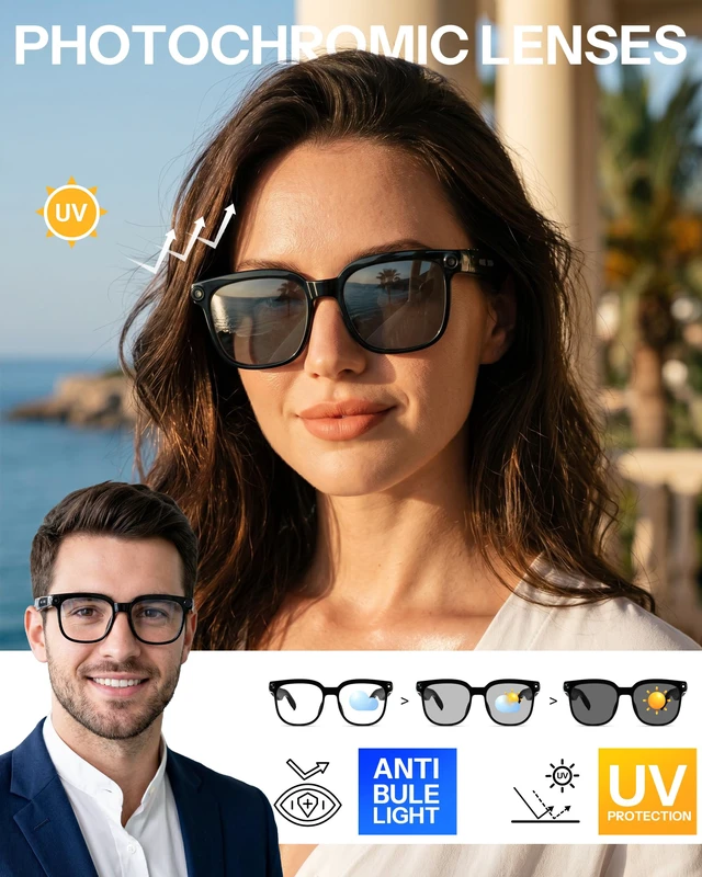 Alt view image 2 of 7 - AI Smart Glasses with Camera, Real-Time Translation&Recording, AI Assistant, Open-Ear Bluetooth Audio, Photo Capture, Smart Eyewear for Travel Business & Daily Use B1736 (Photochromic Lenses)