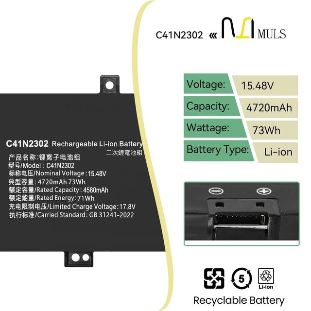 Alt view image 2 of 7 - C41N2302 Laptop Battery for Asus ProArt PX13 HN7306 ROG Zephyrus G14 GA403U GA403UI GA403UJ GA403UU GA403UV Gaming A14 FA401WV-WB94 Series 0B200-04460000 15.48V 73Wh with Tools, Extended runtime