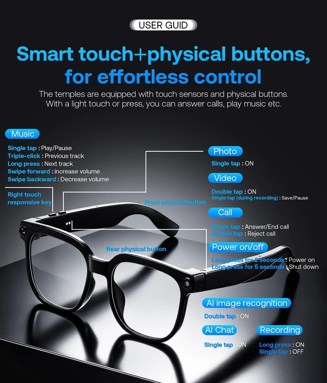 Alt view image 6 of 7 - AI Smart Glasses with Camera, Real-Time Translation&Recording, AI Assistant, Open-Ear Bluetooth Audio, Photo Capture, Smart Eyewear for Travel Business & Daily Use B1736 (Transparent Lens)