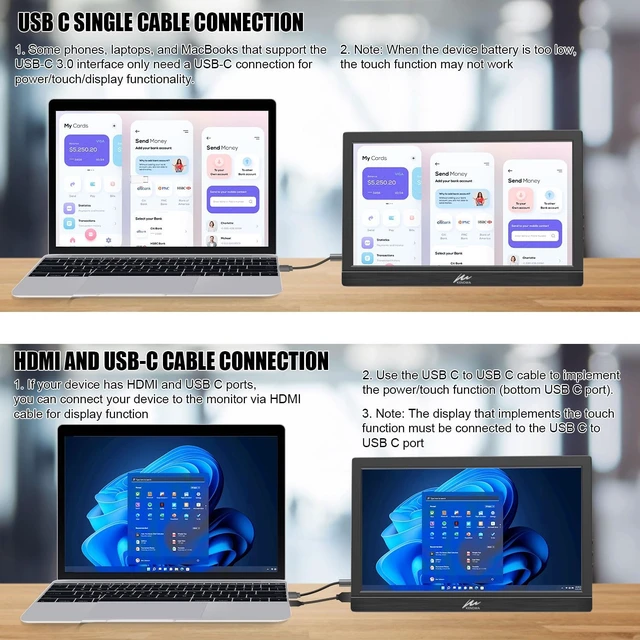 Alt view image 2 of 7 - 11.6" Touchscreen Portable Monitor LED External Display USB C HDMI HD 1366x768P Small HDMI Monitor with Speakers and Stand, Travel Monitor for Laptop Phone PC Raspberry Pi 5/4, VESA