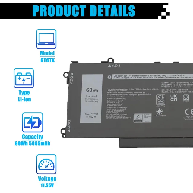 Alt view image 2 of 7 - 60Wh GT6TK Laptop Battery Replacement for Dell Latitude 9440 2-in-1 Latitude 9450 2-in-1 Series 0MWK05 MWK05 0K2CPY K2CPY 11.55V 5065mAh