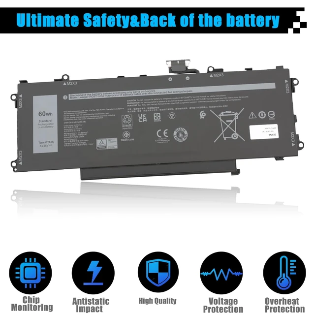 Alt view image 4 of 7 - 60Wh GT6TK Laptop Battery Replacement for Dell Latitude 9440 2-in-1 Latitude 9450 2-in-1 Series 0MWK05 MWK05 0K2CPY K2CPY 11.55V 5065mAh