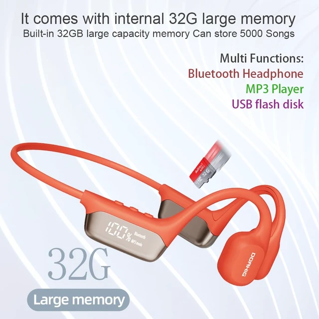 Alt view image 4 of 7 - Swimming Headphones Bone Conduction Open Ear Headset MP3 Player Built-in 32G Memory IP68 Underwater Waterproof Stereo Bluetooth Earphone LED Screen for Driving Bicycling Running Skiing-S10 Red