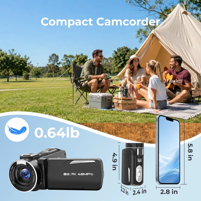 Alt view image 7 of 7 - Camcorder Video Camera 2.7K 48MP, Vlogging Camera for YouTube Beginners LED Fill Light, 18X Digital Zoom, 3.0" 270° Flip Screen, Webcam Mode, Anti-Shake, 32GB SD Card, Lightweight, Teen Gifts
