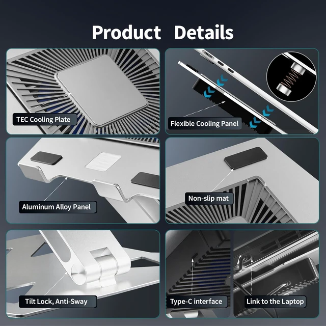 Alt view image 6 of 7 - Peltier Laptop Cooler Stand - Thermoelectric Cooling Pad for 12-19" Laptops, Detachable Design with Height/Angle Adjustment, Ultra-Quiet Cooling for Gaming&Office