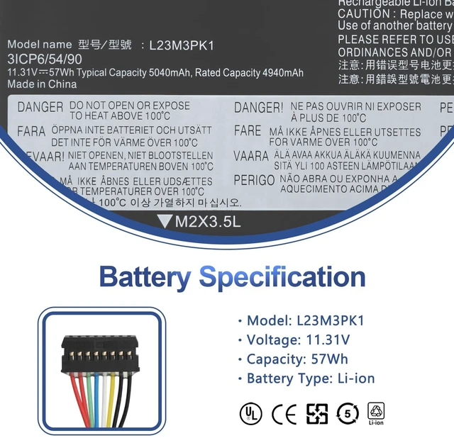 Alt view image 2 of 7 - L23B3PK1 L23M3PK1 Laptop Battery for Lenovo deaPad Slim 5-14IMH9 14AHP9 14IRU9 15IRH9 15IRU9 16IMH9 16AHP9 16IRU9 14Q8X9 Series L23X3PK1 L23D3PK1 L23N3PK1 11.52V 57Wh 5040mAh