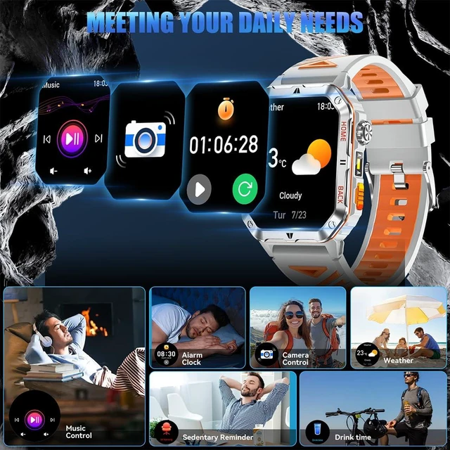 Alt view image 7 of 7 - Military Smart Watch for Men, 2.01 Fitness Tracker with 1200mAh Battery Life, Bluetooth Calling, Flashlight, 5ATM Waterproof, Heart Rate & Sleep Tracking, 110+ Sports Modes for Android & iPhone