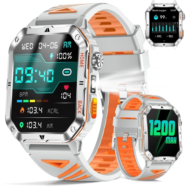 Main image of Military Smart Watch for Men, 2.01 Fitness Tracker with 1200mAh Battery Life, Bluetooth Calling, Flashlight, 5ATM Waterproof, Heart Rate & Sleep Tracking, 110+ Sports Modes for Android & iPhone