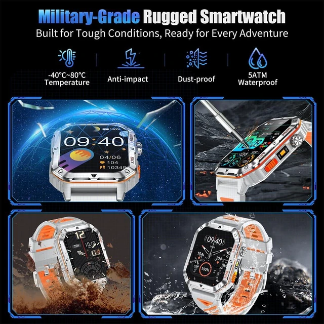 Alt view image 4 of 7 - Military Smart Watch for Men, 2.01 Fitness Tracker with 1200mAh Battery Life, Bluetooth Calling, Flashlight, 5ATM Waterproof, Heart Rate & Sleep Tracking, 110+ Sports Modes for Android & iPhone