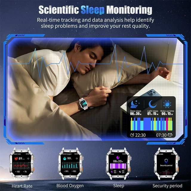 Alt view image 5 of 7 - Military Smart Watch for Men, 2.01 Fitness Tracker with 1200mAh Battery Life, Bluetooth Calling, Flashlight, 5ATM Waterproof, Heart Rate & Sleep Tracking, 110+ Sports Modes for Android & iPhone