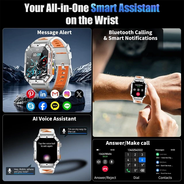 Alt view image 6 of 7 - Military Smart Watch for Men, 2.01 Fitness Tracker with 1200mAh Battery Life, Bluetooth Calling, Flashlight, 5ATM Waterproof, Heart Rate & Sleep Tracking, 110+ Sports Modes for Android & iPhone