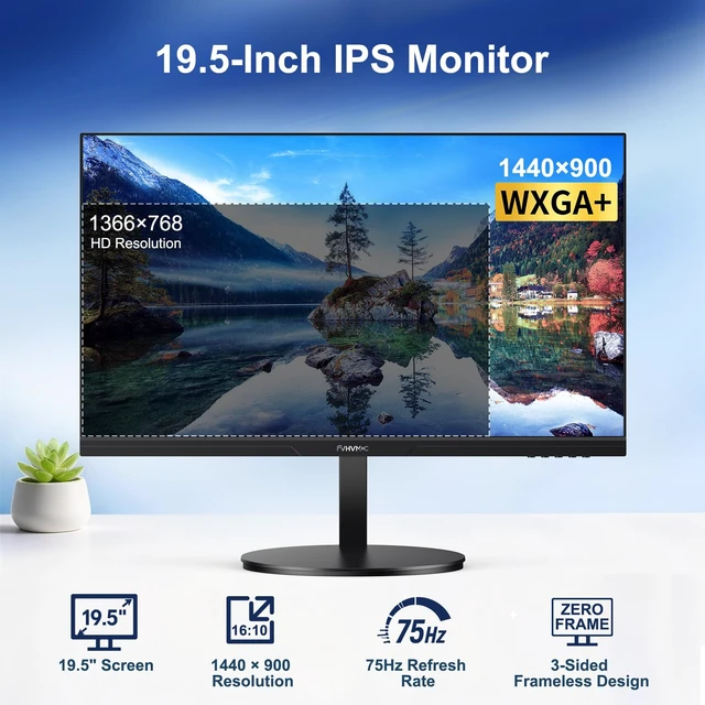 Alt view image 2 of 7 - 19.5in 1440x900 75Hz Professional Office Monitor Frameless IPS Computer Monitor, 16:10, 100% sRGB, 178° Wide Viewing Angle, VGA, HDMI, DC, VESA Mountable, Tilt Adjust