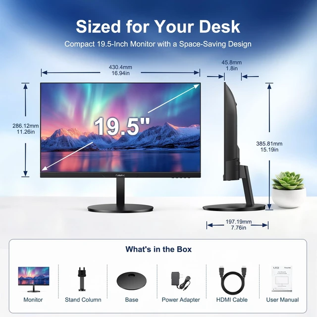 Alt view image 6 of 7 - 19.5in 1440x900 75Hz Professional Office Monitor Frameless IPS Computer Monitor, 16:10, 100% sRGB, 178° Wide Viewing Angle, VGA, HDMI, DC, VESA Mountable, Tilt Adjust