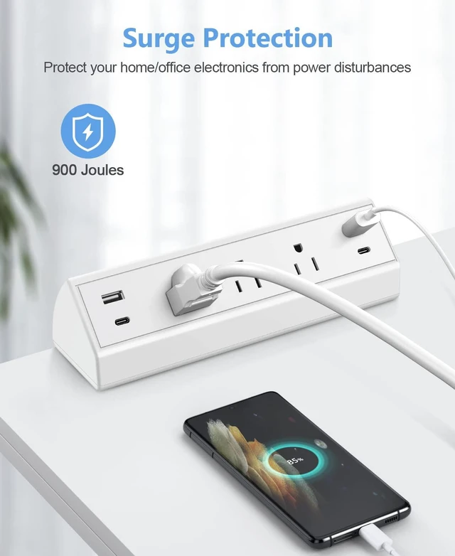 Alt view image 5 of 7 - Desk Clamp Power Strip,40W Fast Charging Station,Desktop Mount Surge Protector,2 PD 20W USB C Ports,3 Outlets for Home,Office,Fit 1.9" Tabletop Edge (White, 3 Outlets & 4 USB Ports & 25 FT Cable)