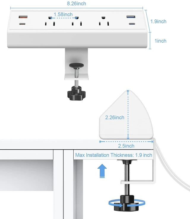 Alt view image 7 of 7 - Desk Clamp Power Strip,40W Fast Charging Station,Desktop Mount Surge Protector,2 PD 20W USB C Ports,3 Outlets for Home,Office,Fit 1.9" Tabletop Edge (White, 3 Outlets & 4 USB Ports & 25 FT Cable)