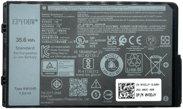 Main image of 6WVHD Laptop Battery 35.6Wh 4457mAh 4-Cell 7.6V FNW8F 0VDDJY VDDJY Compatible with DELL Latitude 7230 Rugged Extreme Tablet / T06H T06H001 Series 0JM6CX JM6CX 451-BDDY