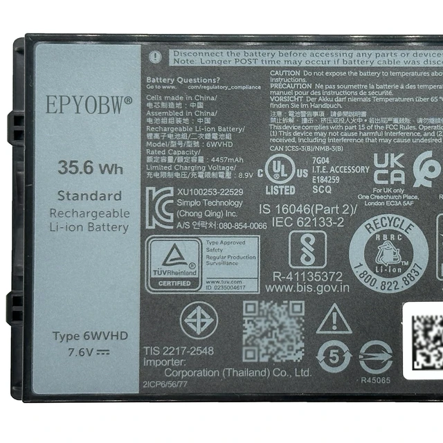 Alt view image 2 of 5 - 6WVHD Laptop Battery 35.6Wh 4457mAh 4-Cell 7.6V FNW8F 0VDDJY VDDJY Compatible with DELL Latitude 7230 Rugged Extreme Tablet / T06H T06H001 Series 0JM6CX JM6CX 451-BDDY