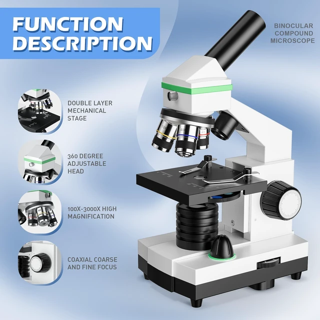 Alt view image 2 of 7 - Microscope for Adults Professional, Compound Microscope for Kids 8-12, 100X-3000X High-Power Biological Microscope for Students, School Lab & Home Education, with Slides Set