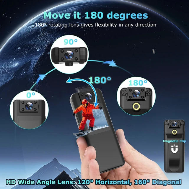 Alt view image 2 of 7 - Body Camera with Audio and Video Recording, 128GB Mini Body Cam with 180° Rotating Lens, 10HR Battery & Night Vision, HD 1080P Wearable Bodycam for Law Enforcement, Hiking and Outdoor Sports