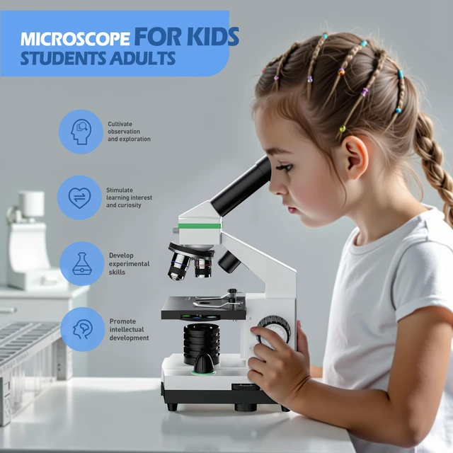 Alt view image 7 of 7 - Microscope for Adults Professional, Compound Microscope for Kids 8-12, 100X-3000X High-Power Biological Microscope for Students, School Lab & Home Education, with Slides Set