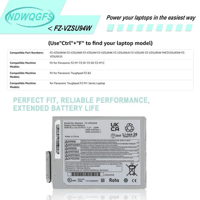 Alt view image 4 of 7 - FZ-VZSU94W FZ-VZSU94R Laptop Battery Compatible with Toughpad FZ-B2 FZ-M1 FZ-B1 FZ-M1C Series Compatible with FZ-VZSU94 FZ-VZSU94JS FZ-VZSU94K FZ-VZSU95 FZ-VZSU95W FZ-VZSU95JS FZ-VZSU0JW