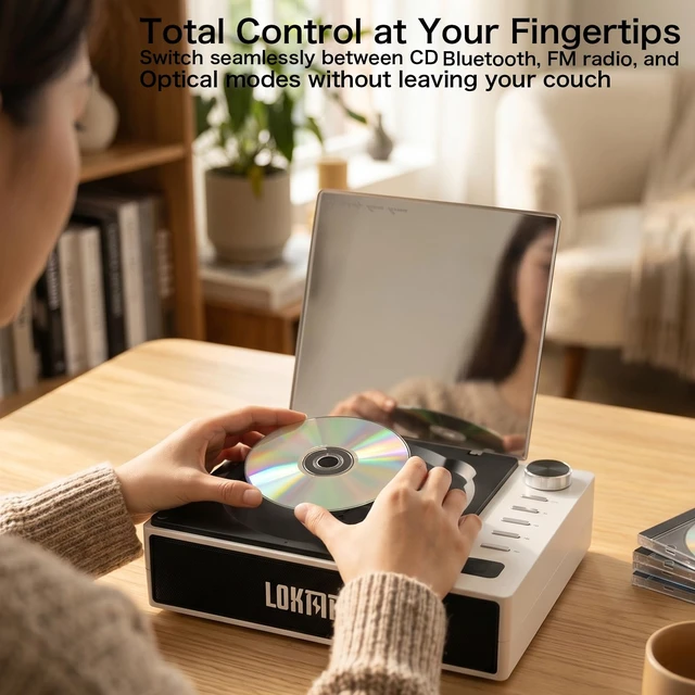 Alt view image 2 of 7 - CD Player Portable Bluetooth Small Retro CD Players for Home (White) Portable CD Player with Speakers Rechargeable LCD Screen FM Radio Optical USB Type-C