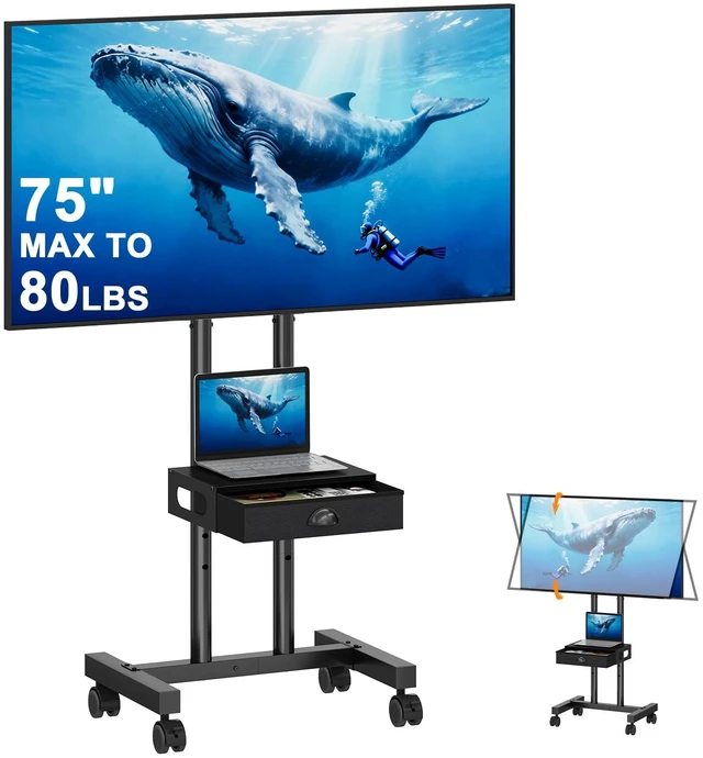 Main image of Rolling TV Stand with Drawer for 32-75 Inch TVs, Adjustable Storage Shelf Max VESA 600 x 400mm, 80 LB Capacity, reinforced dual-post support, smooth 360° mobility, and ±15° tilt