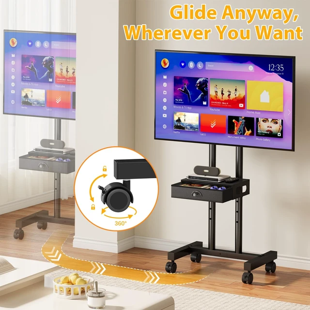 Alt view image 2 of 7 - Rolling TV Stand with Drawer for 32-75 Inch TVs, Adjustable Storage Shelf Max VESA 600 x 400mm, 80 LB Capacity, reinforced dual-post support, smooth 360° mobility, and ±15° tilt