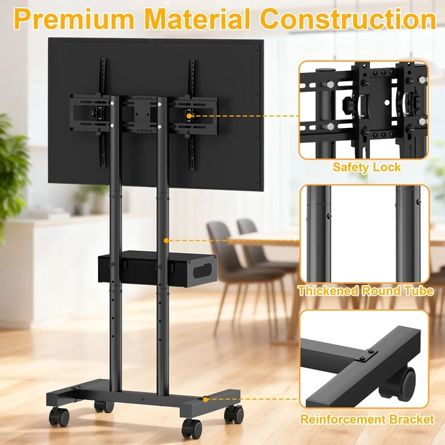 Alt view image 7 of 7 - Rolling TV Stand with Drawer for 32-75 Inch TVs, Adjustable Storage Shelf Max VESA 600 x 400mm, 80 LB Capacity, reinforced dual-post support, smooth 360° mobility, and ±15° tilt