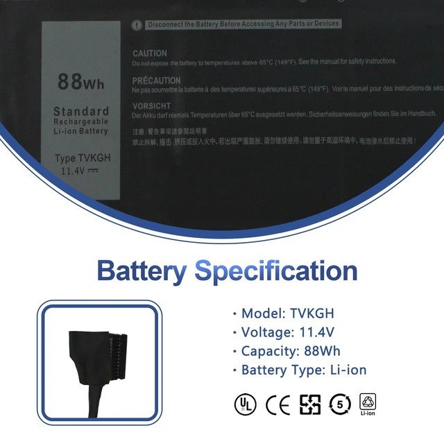 Alt view image 2 of 7 - TVKGH 88Wh Laptop Battery for Dell Latitude 9510 / Latitude 9520 2-in-1 Replacement for N7HT0 V5K68 HYMNG N2NLL 08NFC7 N2NLL N7HTO 089GNG 0PKW00 0HYMNG, 11.4V 7334mAh 6-Cells