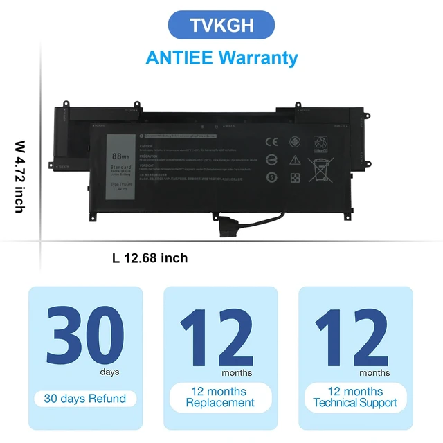 Alt view image 7 of 7 - TVKGH 88Wh Laptop Battery for Dell Latitude 9510 / Latitude 9520 2-in-1 Replacement for N7HT0 V5K68 HYMNG N2NLL 08NFC7 N2NLL N7HTO 089GNG 0PKW00 0HYMNG, 11.4V 7334mAh 6-Cells