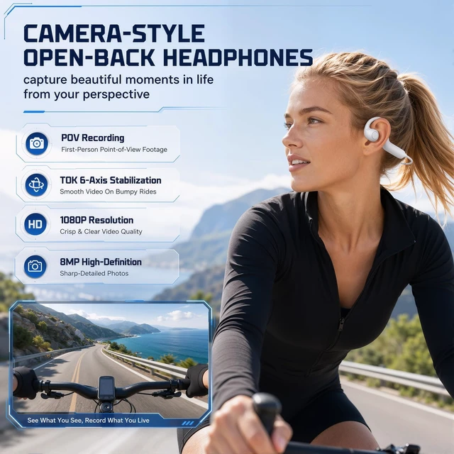 Alt view image 3 of 7 - E12 Open Ear Headphones Bone Conduction Headphones with 8MP Camera Open-Air Wireless Bluetooth Headphones, HiFi Stereo Sound, IP56 Waterproof AI Voice Assistant Headset for Sports and Travel (Black)