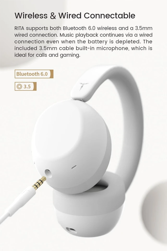 Alt view image 5 of 7 - Rita Bluetooth Gaming Headphones ANC ENC High-Resolution Up to 92h Wireless & Wired Connectable Over-Ear Earphone, -47dB Noise Reduction, Independent Acoustic Chamber, DMT5 1DD, Low-Distortion