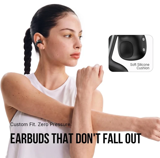 Alt view image 2 of 7 - Open Ear Earbuds with AI ENC Clear Calls & Adaptive Volume Black Clip-On Wireless Earbuds, Bluetooth 6.0, Dual Device Connection, 12mm Bass Sound, Battery Display, 26H Playtime